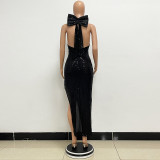 Women sequin split Halter Neck big bow Maxi Evening Dress