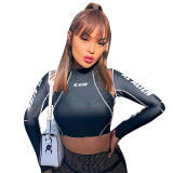 Spring Street Fashion Printing Mesh Patchwork Pullover Crop Tight Fitting Slim Top