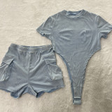 Women's Casual Solid Color  Short Sleeve Bodysuit Shorts Two Piece Set
