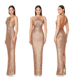 Women sleeveless French split sequin party Evening Dress