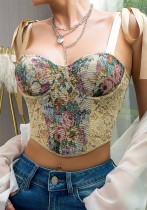 Street Retro Flower Strap Low Back Lace-Up Corset Waist Camisole Vest