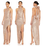 Women sequin split Halter Neck big bow Maxi Evening Dress