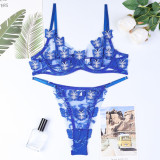Women butterfly embroidery see-through mesh sexy lingerie two-piece