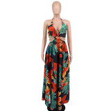 Women's Floral Printed Halter Blackless Slit Maxi Dress
