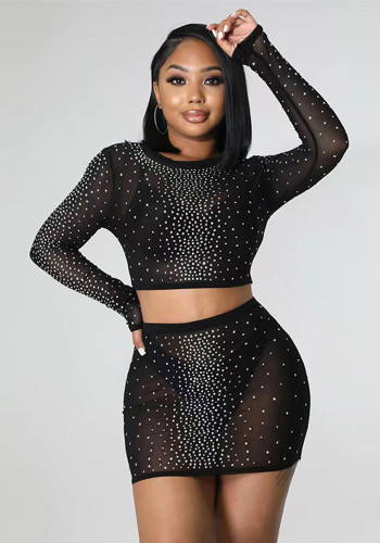Fashion Sexy Slim See-Through Long Sleeve Beaded Mesh Top Mini Skirt Two-Piece Set