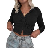 Women Sexy Pleated Turndown Collar Long Sleeve Shirt