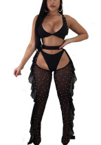 Women's Sexy Mesh Beading Mesh Ruffle Pants Set
