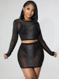 Fashion Sexy Slim See-Through Long Sleeve Beaded Mesh Top Mini Skirt Two-Piece Set