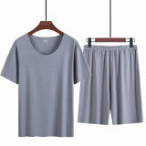Ice Silk Pajamas Men's Summer Home Clothes Seamless Round Neck Short-Sleeved Men's T-Shirt Shorts Set