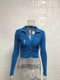 Women Sexy Pleated Turndown Collar Long Sleeve Shirt