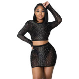 Fashion Sexy Slim See-Through Long Sleeve Beaded Mesh Top Mini Skirt Two-Piece Set