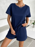 Women Summer Solid knitting Round Neck Top And Shorts Casual Two-piece Set