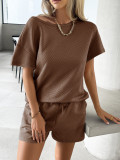 Women Summer Solid knitting Round Neck Top And Shorts Casual Two-piece Set