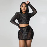 Fashion Sexy Slim See-Through Long Sleeve Beaded Mesh Top Mini Skirt Two-Piece Set