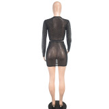 Fashion Sexy Slim See-Through Long Sleeve Beaded Mesh Top Mini Skirt Two-Piece Set