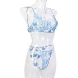 Women butterfly embroidery see-through mesh sexy lingerie two-piece