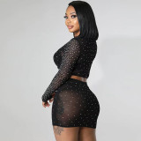 Fashion Sexy Slim See-Through Long Sleeve Beaded Mesh Top Mini Skirt Two-Piece Set