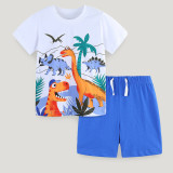 Summer Boys Cotton Cartoon Dinosaur Prints Short-Sleeved T-Shirt Shorts Two-Piece Set