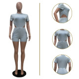 Women's Casual Solid Color  Short Sleeve Bodysuit Shorts Two Piece Set