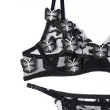 Women butterfly embroidery see-through mesh sexy lingerie two-piece