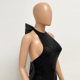 Women sequin split Halter Neck big bow Maxi Evening Dress
