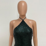 Women sleeveless French split sequin party Evening Dress