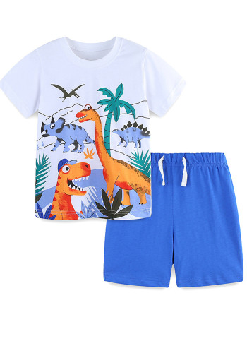 Summer Boys Cotton Cartoon Dinosaur Prints Short-Sleeved T-Shirt Shorts Two-Piece Set