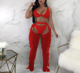 Women's Sexy Mesh Beading Mesh Ruffle Pants Set