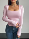 Women Square Neck Long Sleeve Casual Top