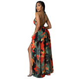 Women's Floral Printed Halter Blackless Slit Maxi Dress