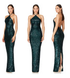 Women sleeveless French split sequin party Evening Dress