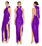 Women sequin split Halter Neck big bow Maxi Evening Dress