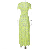 Women Summer Printed U-neck Lace-Up Short Sleeve Dress