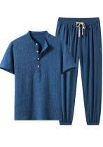 Ice Silk Short-Sleeved T-Shirt Men's Summer Ice Silk Breathable Casual Sports Linen Two Piece Pants Set