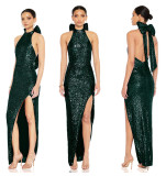 Women sequin split Halter Neck big bow Maxi Evening Dress