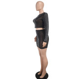 Fashion Sexy Slim See-Through Long Sleeve Beaded Mesh Top Mini Skirt Two-Piece Set
