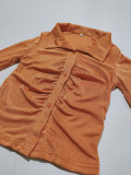 Women Sexy Pleated Turndown Collar Long Sleeve Shirt