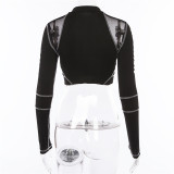 Spring Street Fashion Printing Mesh Patchwork Pullover Crop Tight Fitting Slim Top