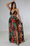 Women's Floral Printed Halter Blackless Slit Maxi Dress