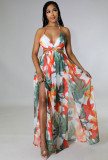 Women's Floral Printed Halter Blackless Slit Maxi Dress