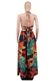 Women's Floral Printed Halter Blackless Slit Maxi Dress