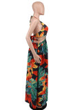 Women's Floral Printed Halter Blackless Slit Maxi Dress