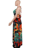 Women's Floral Printed Halter Blackless Slit Maxi Dress