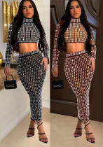 Women Solid Beaded Mesh Top and Pants Two-piece Set Women Solid Beaded Mesh Top and Pants Two-piece Set