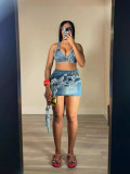 Women Summer Style Tassel Top and Skirt Elastic Denim Two-piece Set