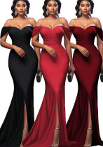 Women Sexy Solid Off-shoulder Evening Dress Women Sexy Solid Off-shoulder Evening Dress