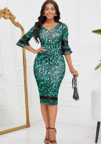 Women Print Bell Bottom Sleeve V-neck Chic Mesh Patchwork Bodycon Dress