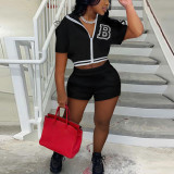 Women Summer Solid Zipper Print Top and Shorts Casual Two-piece Set