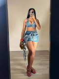 Women Summer Style Tassel Top and Skirt Elastic Denim Two-piece Set