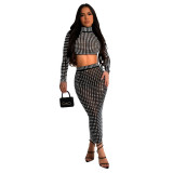 Women Solid Beaded Mesh Top and Pants Two-piece Set